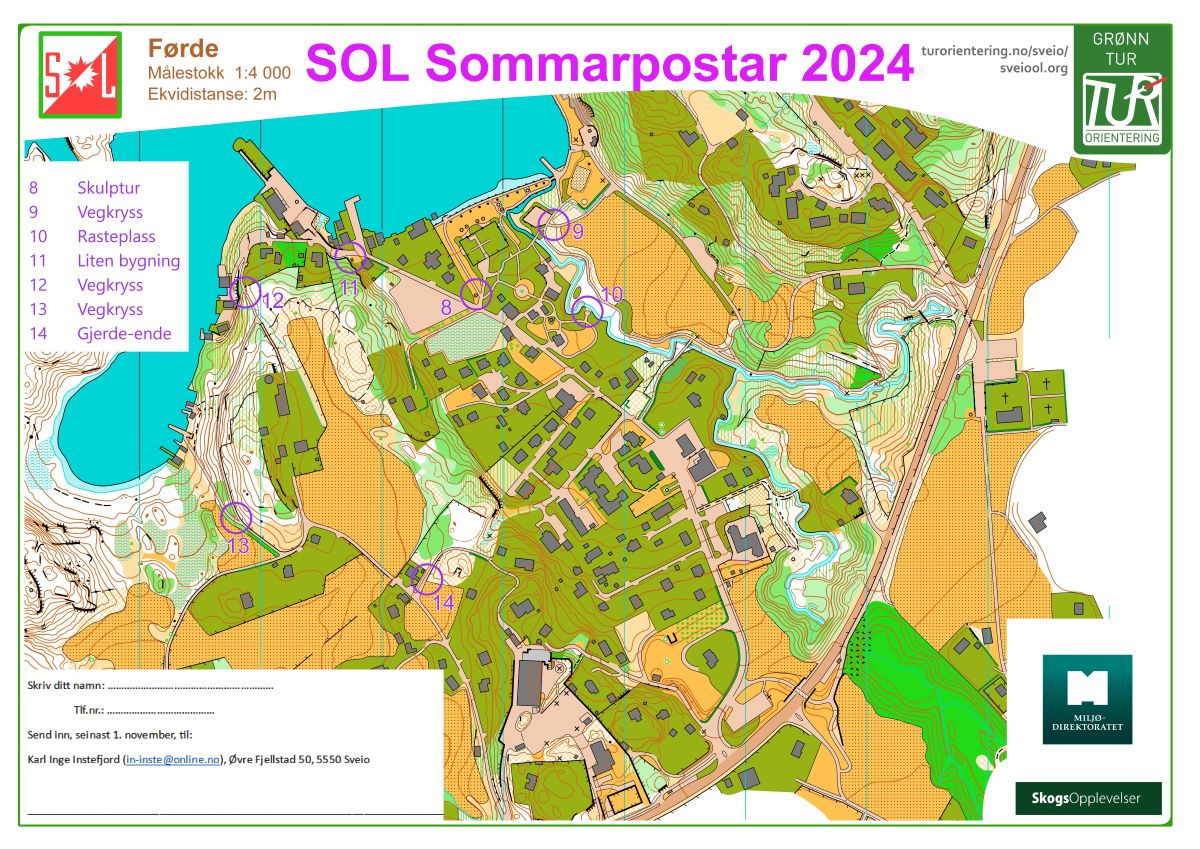 Kart over Førde sentrum med sommarpostar