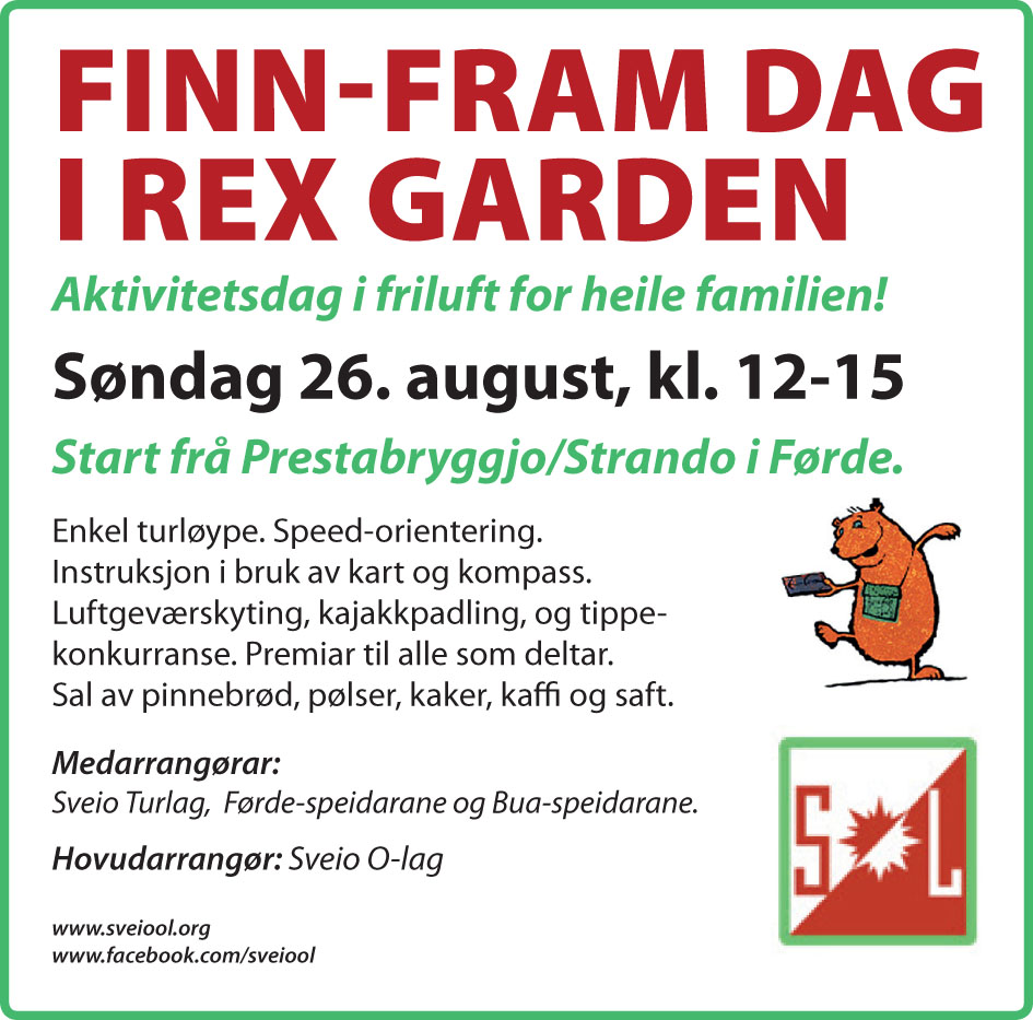 Annonse FinnFram-dagen, Aktivitetsdag søndag 26. august kl 12-15. Start Strando i Førde